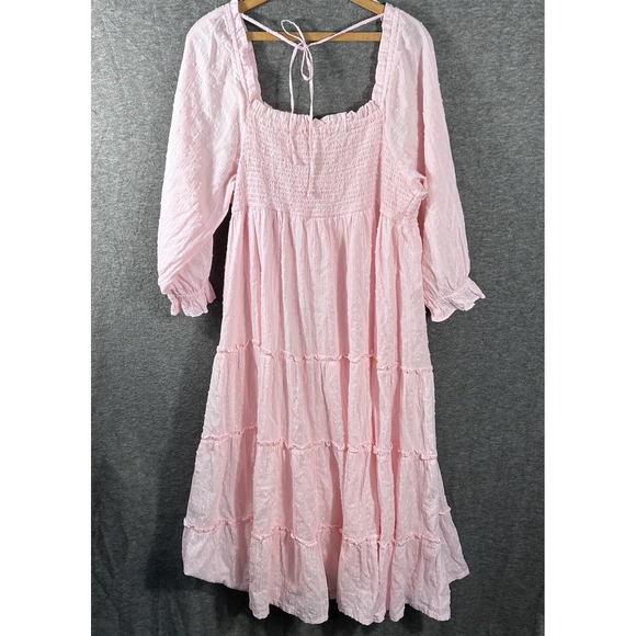 Women's Dress Pink Swiss Dot Milkmaid Smocked Cottagecore Coquette Midi Size XL - Picture 3 of 8